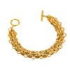 Bracelet chaîne femme doré multi-rangs avec fermoir T-Bar, bijou haut de gamme au design contemporain présenté sur un fond beige élégant.
