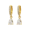 Boucles d’oreilles femme dorées avec anneaux sertis de pierres brillantes et pendentif en forme de goutte transparente facettée au style élégant et raffiné.