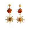 Paire de boucles d’oreilles pendantes pour femme avec motif soleil doré, éléments décoratifs ambrés et design élégant inspiré de la lumière solaire.