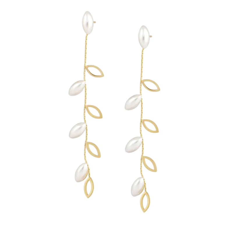 Boucles d’Oreilles Pendantes Feuilles et Perles Dorées