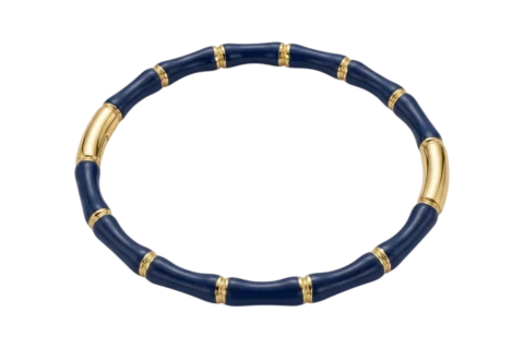 Bracelet bambou émaillé bleu pour femme composé de segments arrondis bleu profond séparés par des détails dorés brillants et une fermeture discrète intégrée.