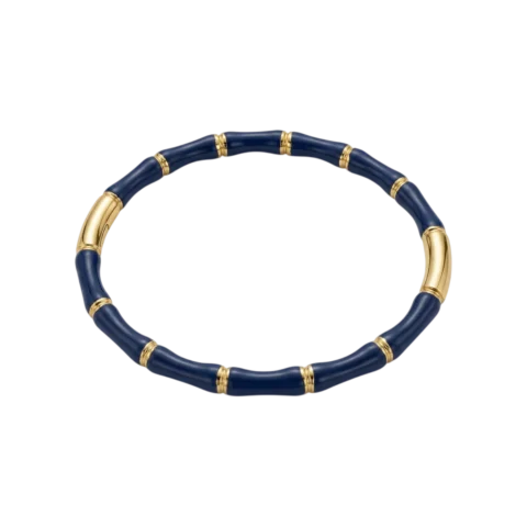 Bracelet bambou émaillé bleu pour femme composé de segments arrondis bleu profond séparés par des détails dorés brillants et une fermeture discrète intégrée.