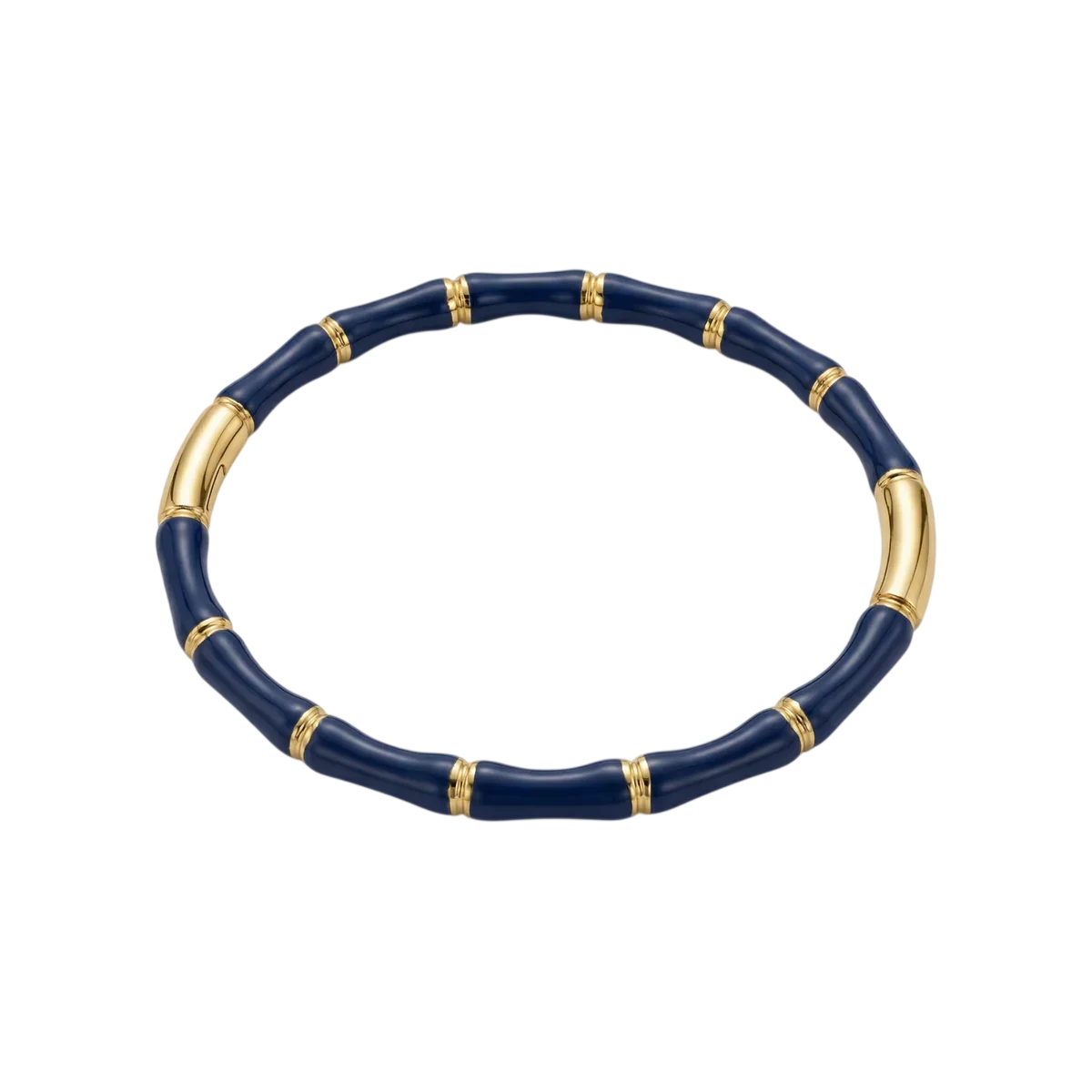 Bracelet bambou émaillé bleu pour femme composé de segments arrondis bleu profond séparés par des détails dorés brillants et une fermeture discrète intégrée.