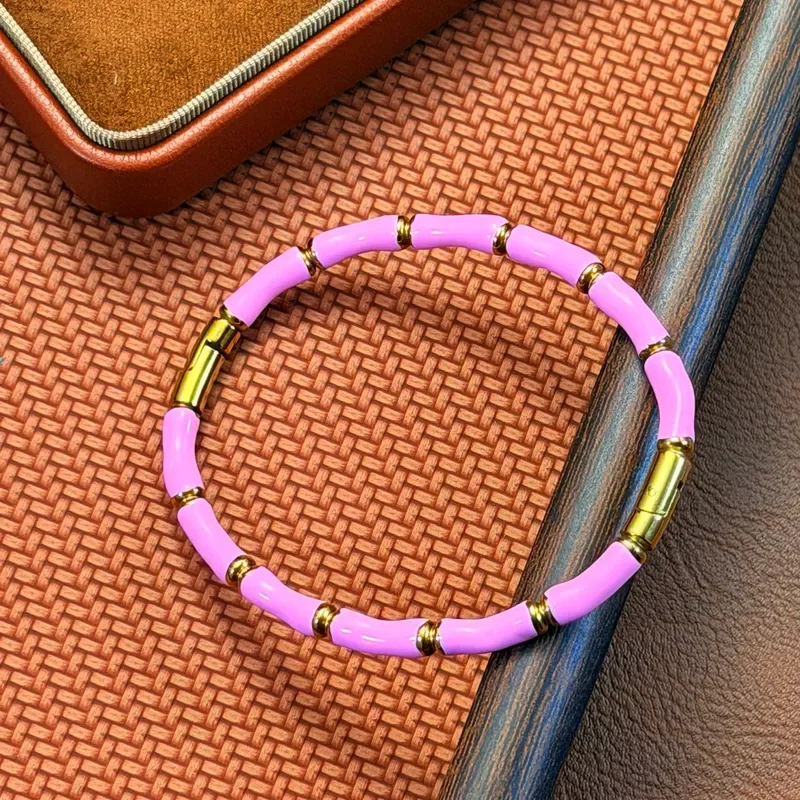 Bracelet Bambou Émaillé Bleu/Rose et Doré Élégance Intemporelle – Image 4