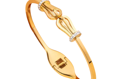 Bracelet jonc doré pour femme avec motif nœud central et détails brillants décoratifs, design élégant et féminin.