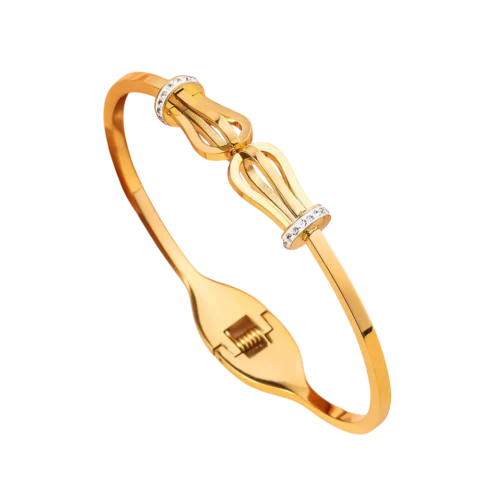 Bracelet jonc doré pour femme avec motif nœud central et détails brillants décoratifs, design élégant et féminin.