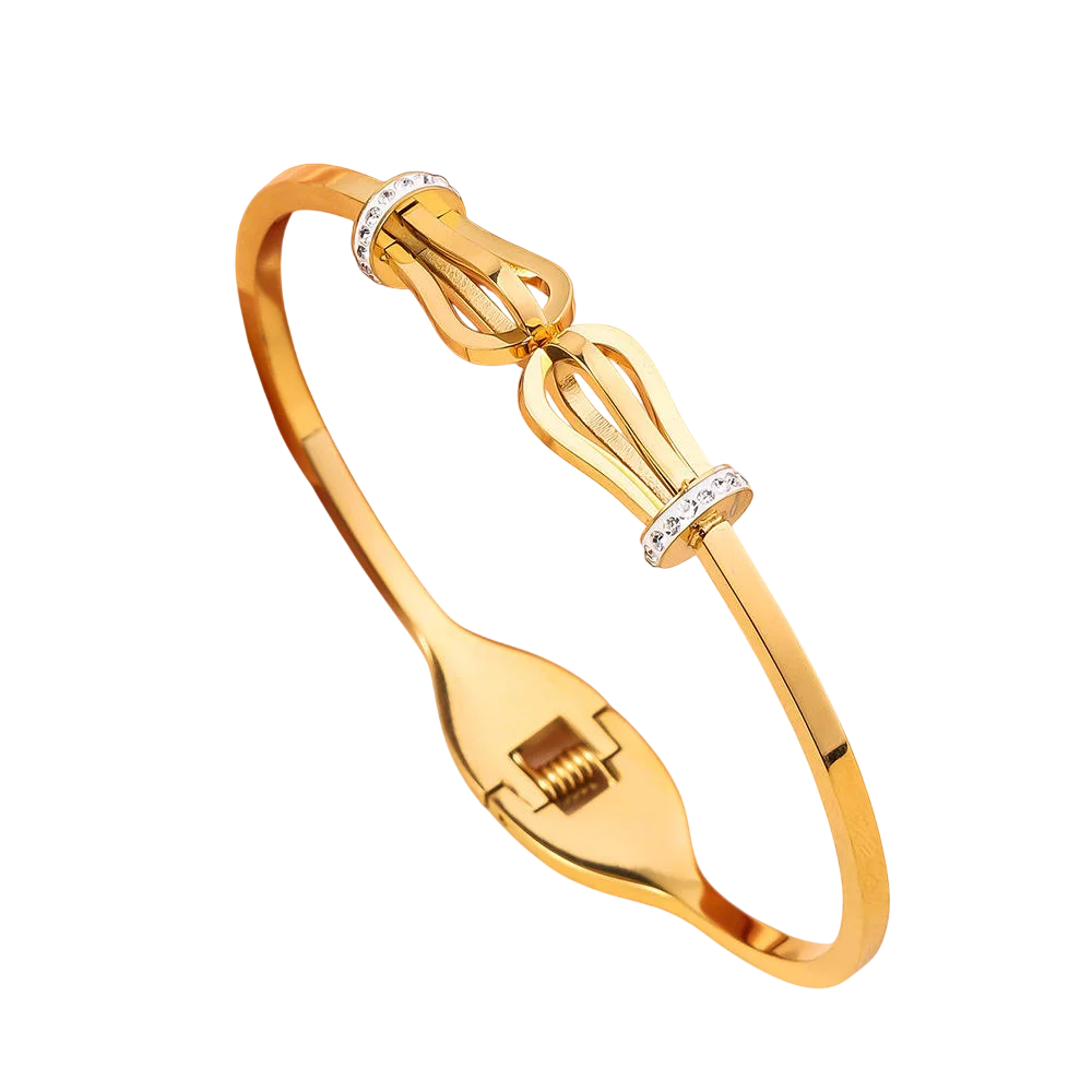 Bracelet jonc doré pour femme avec motif nœud central et détails brillants décoratifs, design élégant et féminin.
