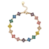 Bracelet doré pour femme composé de petites fleurs colorées serties de cristaux décoratifs multicolores avec fermoir ajustable.