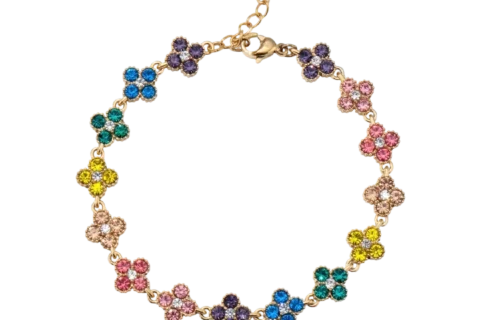 Bracelet doré pour femme composé de petites fleurs colorées serties de cristaux décoratifs multicolores avec fermoir ajustable.