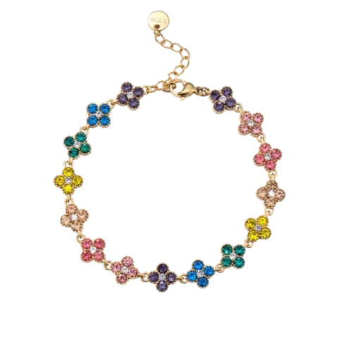 Bracelet doré pour femme composé de petites fleurs colorées serties de cristaux décoratifs multicolores avec fermoir ajustable.