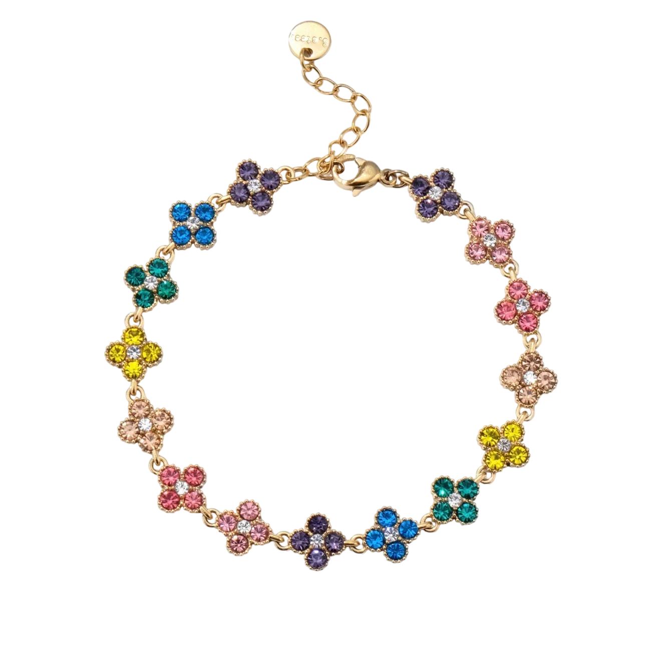 Bracelet doré pour femme composé de petites fleurs colorées serties de cristaux décoratifs multicolores avec fermoir ajustable.