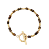 Bracelet femme en acier inoxydable doré avec petites perles dorées, perles effet pierre brunes et fermoir toggle circulaire.