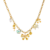 Collier femme doré à chaîne à maillons avec breloques décoratives comprenant un nœud avec perle centrale, un papillon bleu, une fleur, une cerise, un motif floral et des détails perlés au style romantique.