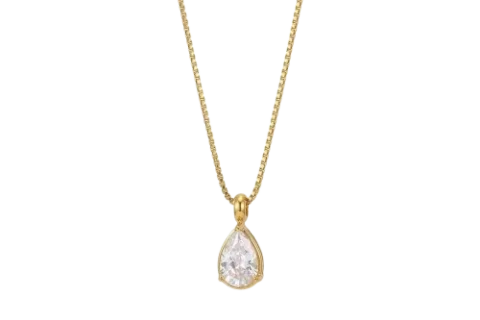 Collier pour femme avec chaîne dorée et pendentif en forme de goutte d’eau orné d’un zircon transparent, style élégant et raffiné.