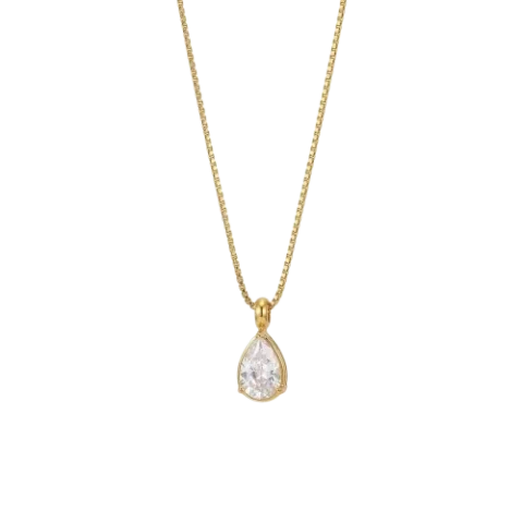 Collier pour femme avec chaîne dorée et pendentif en forme de goutte d’eau orné d’un zircon transparent, style élégant et raffiné.