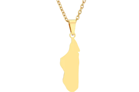 Collier femme en acier inoxydable doré avec pendentif carte de Madagascar en silhouette pleine.