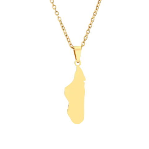 Collier femme en acier inoxydable doré avec pendentif carte de Madagascar en silhouette pleine.