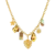 Collier femme doré en acier inoxydable composé d'une chaîne à maillons et de plusieurs breloques décoratives incluant un cœur ornemental, une étoile, un soleil et des pendentifs au style bohème chic.