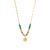 Collier femme doré avec chaîne fine, perles colorées vertes et orange, et pendentif soleil décoratif au centre.