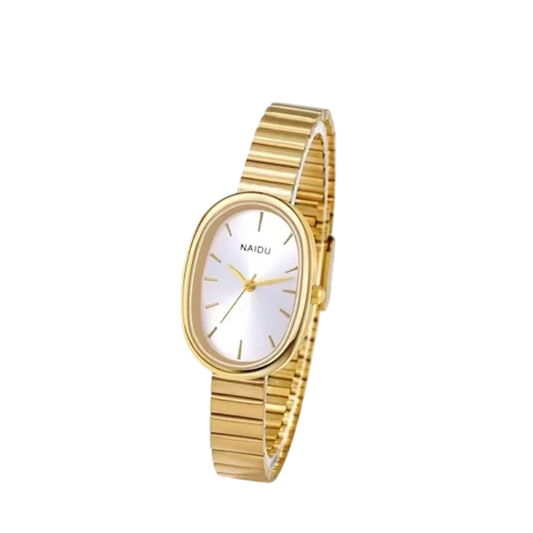 Montre femme Naidu dorée avec bracelet extensible en métal finition dorée et cadran champagne ovale au style élégant et minimaliste.