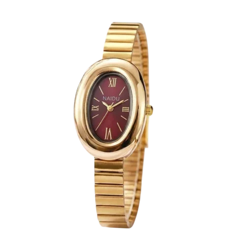 Montre femme Naidu dorée avec bracelet extensible en métal finition dorée et cadran ovale rouge décoré de chiffres romains.