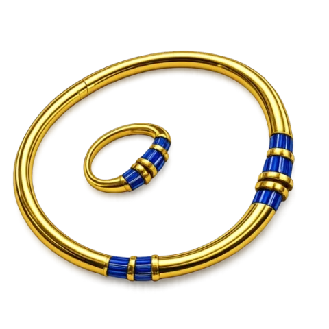 Parure Vangovango composée d'un bracelet spiralé et d'une bague assortie aux finitions dorées et détails bleus.