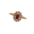 Bague dorée pour femme avec pierre rouge ovale centrale entourée d'un halo de petites pierres scintillantes, au design élégant et raffiné.