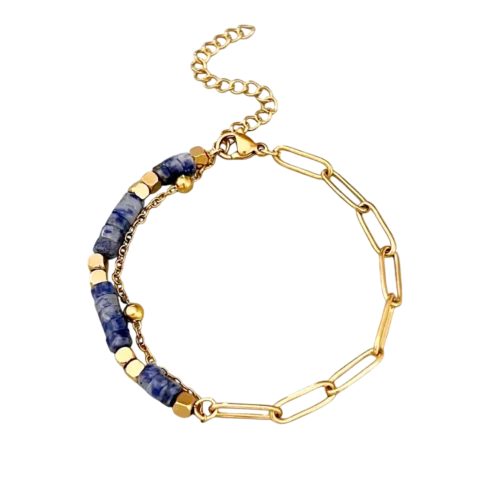 Bracelet en acier inoxydable doré pour femme avec chaîne à grands maillons, perles bleues et détails dorés au style élégant et moderne.