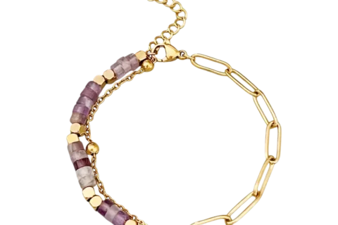 Bracelet en acier inoxydable doré pour femme avec chaîne à grands maillons, perles violettes et détails dorés au style élégant et moderne.