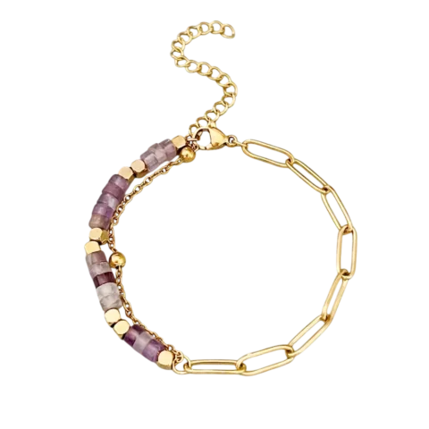 Bracelet en acier inoxydable doré pour femme avec chaîne à grands maillons, perles violettes et détails dorés au style élégant et moderne.