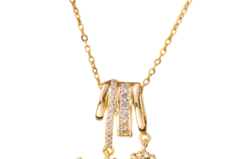 Collier femme en acier inoxydable avec chaîne dorée et pendentifs mobiles décoratifs au style élégant et moderne.