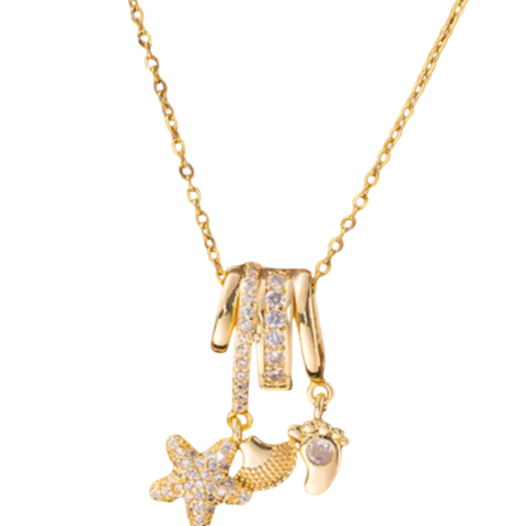 Collier femme en acier inoxydable avec chaîne dorée et pendentifs mobiles décoratifs au style élégant et moderne.