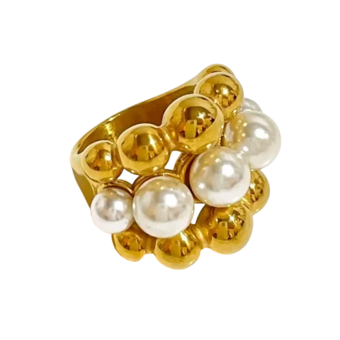 Bague dorée pour femme avec perles blanches et billes dorées, design ouvert élégant et moderne.
