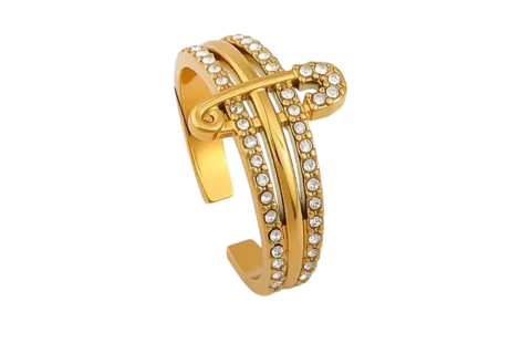 Bague dorée pour femme avec motif épingle et rangées de détails brillants, taille 8,5, au style moderne et raffiné.