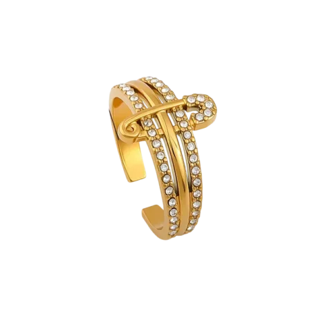 Bague dorée pour femme avec motif épingle et rangées de détails brillants, taille 8,5, au style moderne et raffiné.