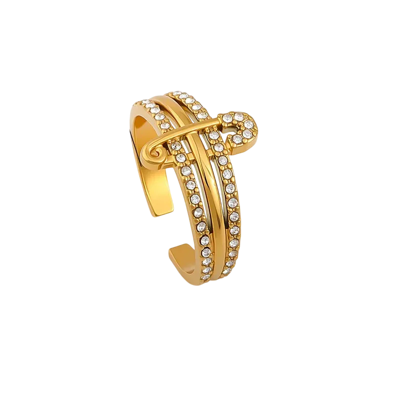 Bague dorée pour femme avec motif épingle et rangées de détails brillants, taille 8,5, au style moderne et raffiné.