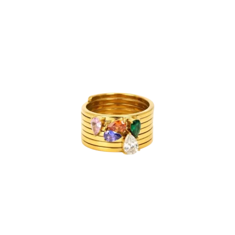 Bague dorée pour femme au design multi-anneaux avec pierre décorative disponible en blanc, vert, rouge, bleu ou rose.