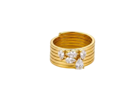 Bague dorée pour femme au design multi-anneaux avec pierres blanches taillées en forme de goutte et de navette, style élégant.