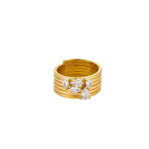 Bague dorée pour femme au design multi-anneaux avec pierres blanches taillées en forme de goutte et de navette, style élégant.