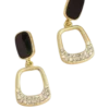 Boucles d'oreilles à clip pour femme en métal finition dorée avec élément noir ovale et pendentif géométrique orné de strass.