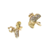 Boucles d'oreilles à clip pour femme en métal finition dorée avec motif nœud orné d'éléments décoratifs scintillants.