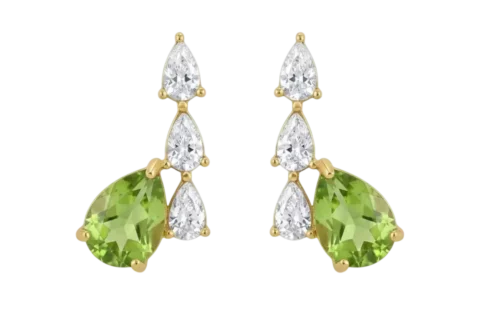 Boucles d'oreilles femme dorées avec pierre verte en goutte et pierres transparentes, design élégant et raffiné.