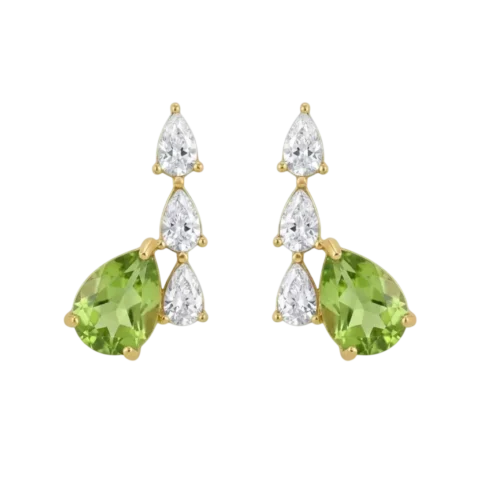 Boucles d'oreilles femme dorées avec pierre verte en goutte et pierres transparentes, design élégant et raffiné.