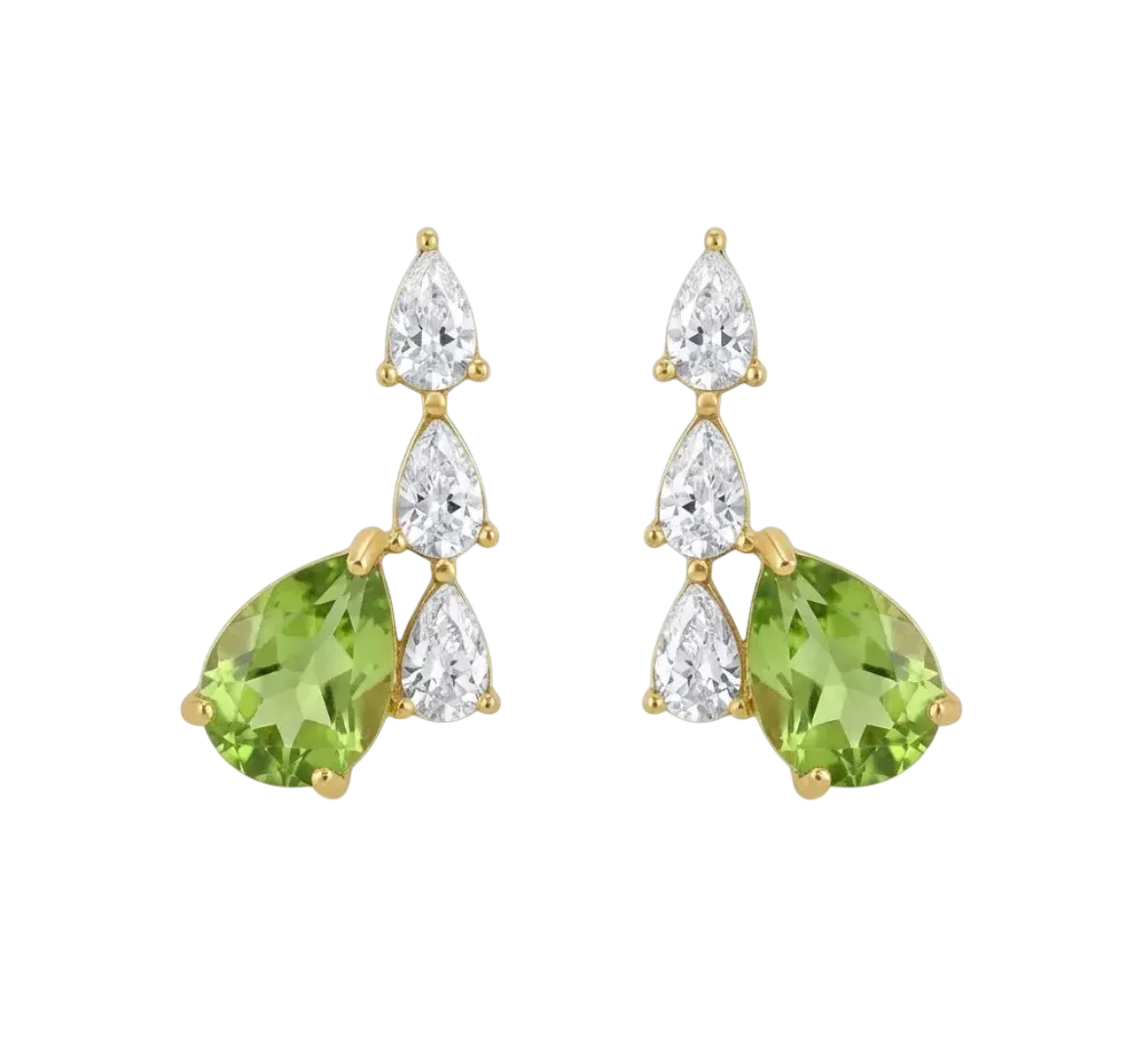 Boucles d'oreilles femme dorées avec pierre verte en goutte et pierres transparentes, design élégant et raffiné.