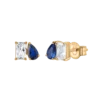 Boucles d'oreilles dorées pour femme avec une pierre rectangulaire transparente et une pierre bleue en forme de goutte, design élégant.