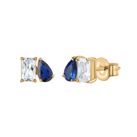 Boucles d'oreilles dorées pour femme avec une pierre rectangulaire transparente et une pierre bleue en forme de goutte, design élégant.