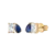 Boucles d'oreilles dorées pour femme avec une pierre rectangulaire transparente et une pierre bleue en forme de goutte, design élégant.