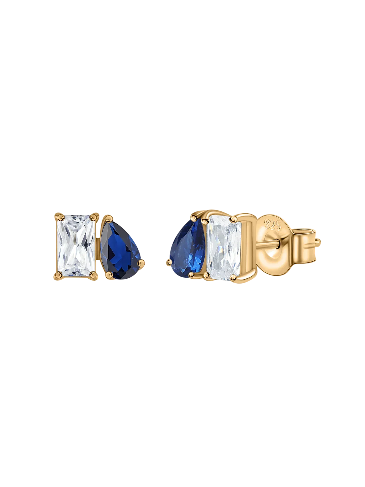 Boucles d'oreilles dorées pour femme avec une pierre rectangulaire transparente et une pierre bleue en forme de goutte, design élégant.